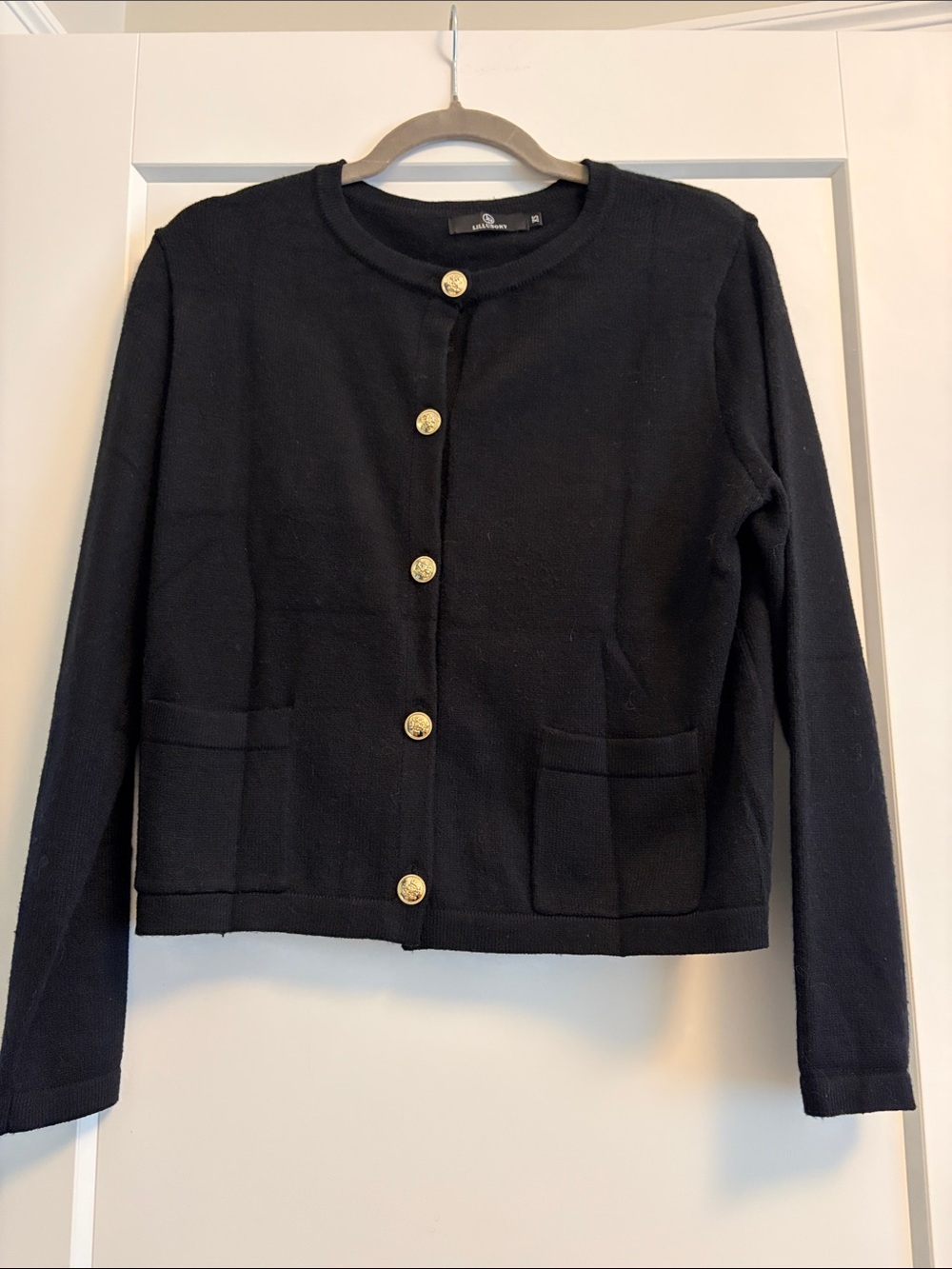 Women's Black Knit Button-Front Cardigan with Gold Buttons